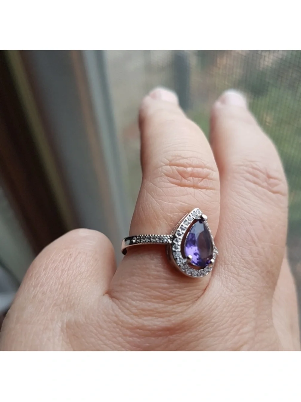 Swarovski Elements 925 Sterling Silver Amethyst Purple Teardrop Ring NEW